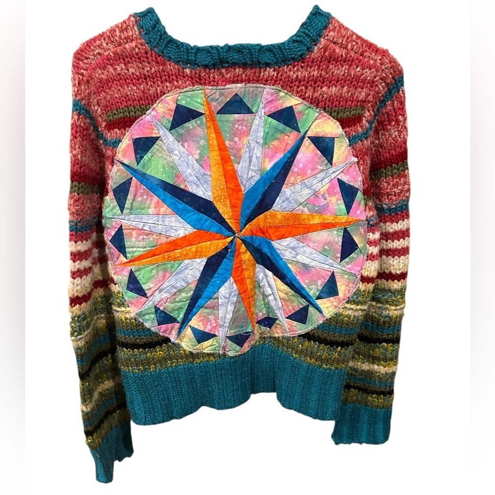 Vintage Large St. Johns Bay Sweater Rainbow UpCycled Quilt Granny Print Cottage